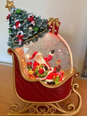 Holiday Santa Sleigh Snow Globe - Red and Gold Christmas Decor